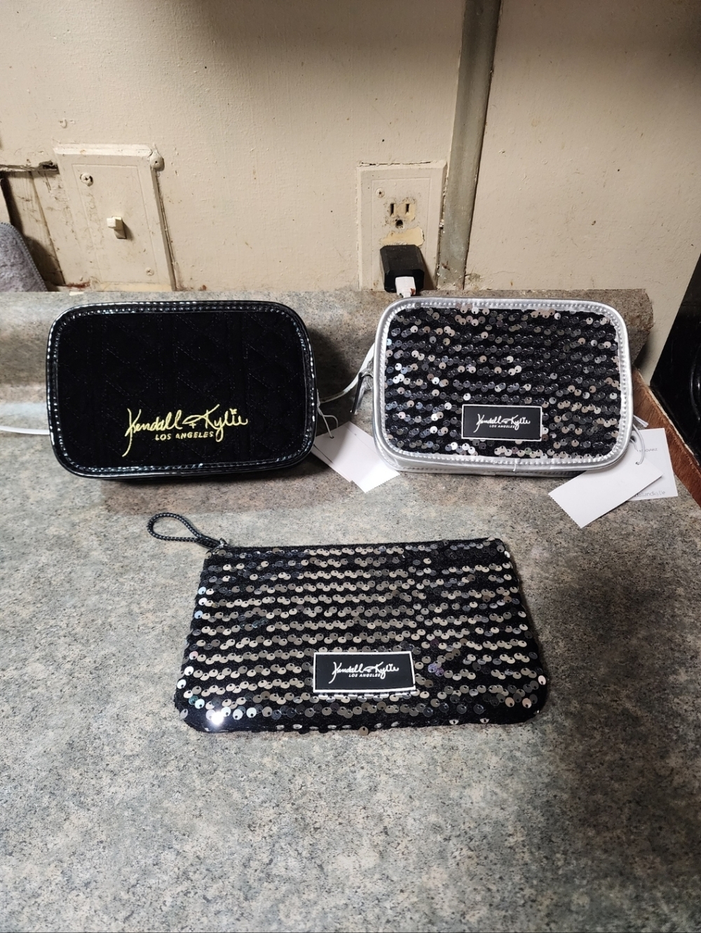 Kendall & Kylie Black Sequin Cosmetic Pouch Set
